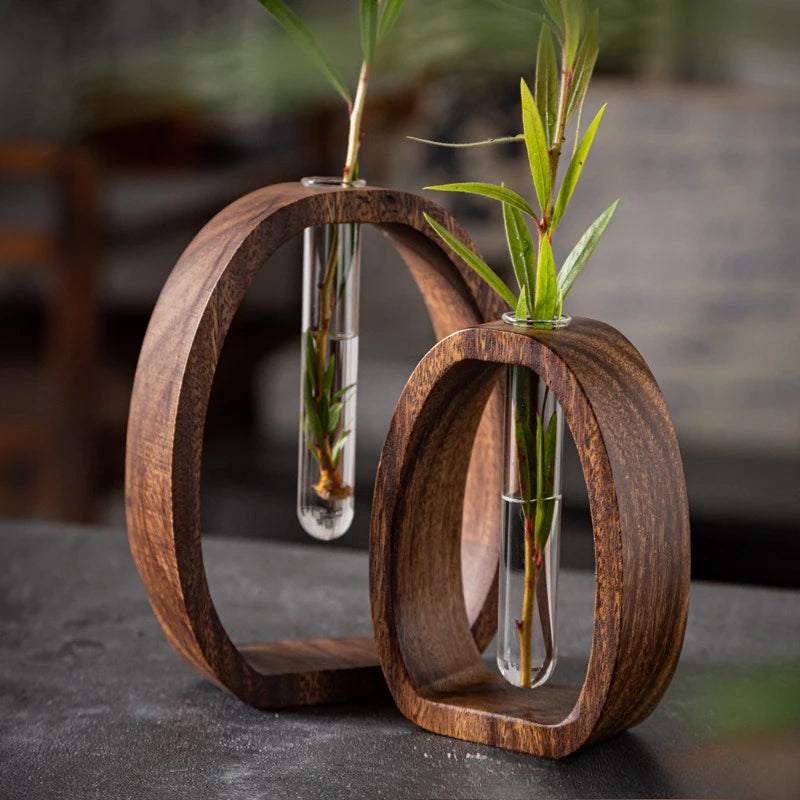 Walnut Wood Glass Hydroponic Vase Set for Home Decor