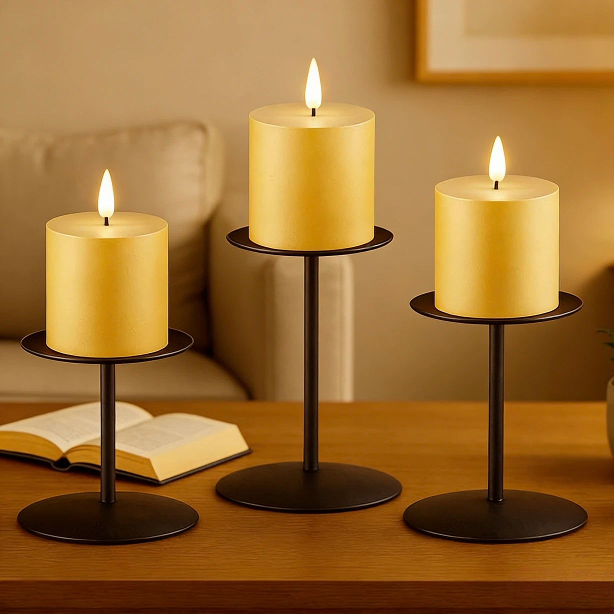 Set Of 3 Metal Pillar Candle Holders For Table Decor