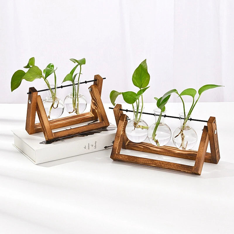 Wooden Frame Glass Bulb Terrarium Vase Planter