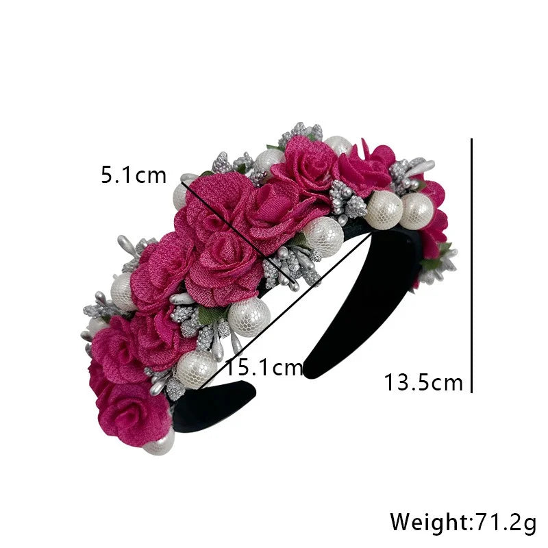 Baroque Pearl Rose Headband Luxury Fabric Flower Hair Band Wedding Party Accessory