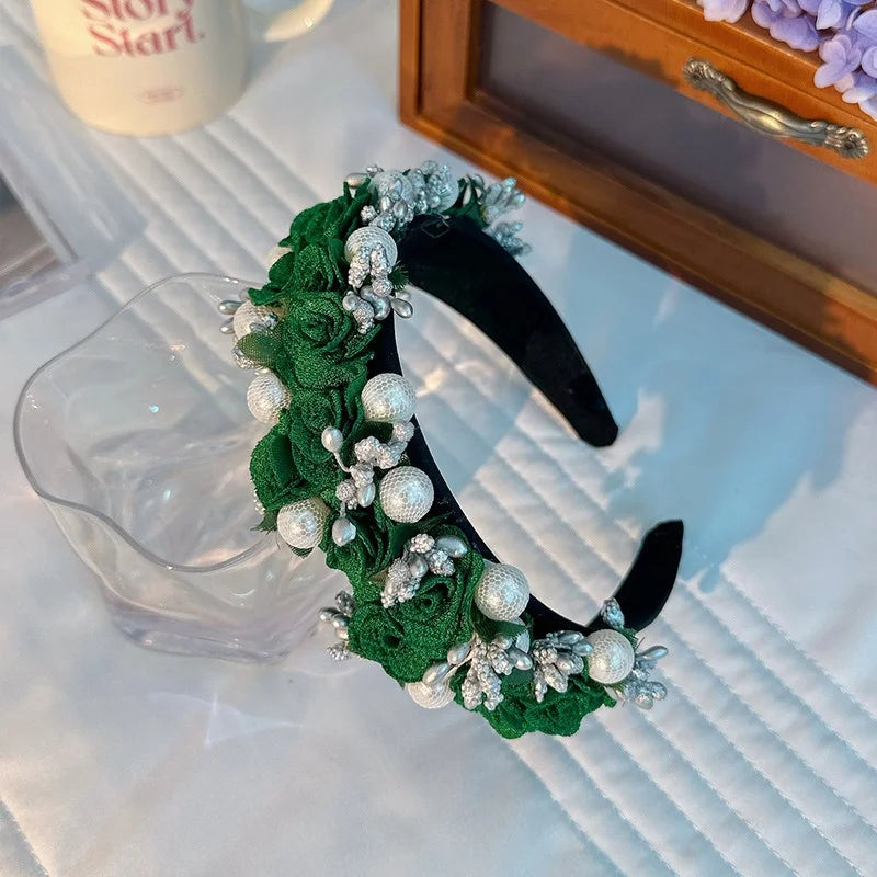 Baroque Pearl Rose Headband Luxury Fabric Flower Hair Band Wedding Party Accessory