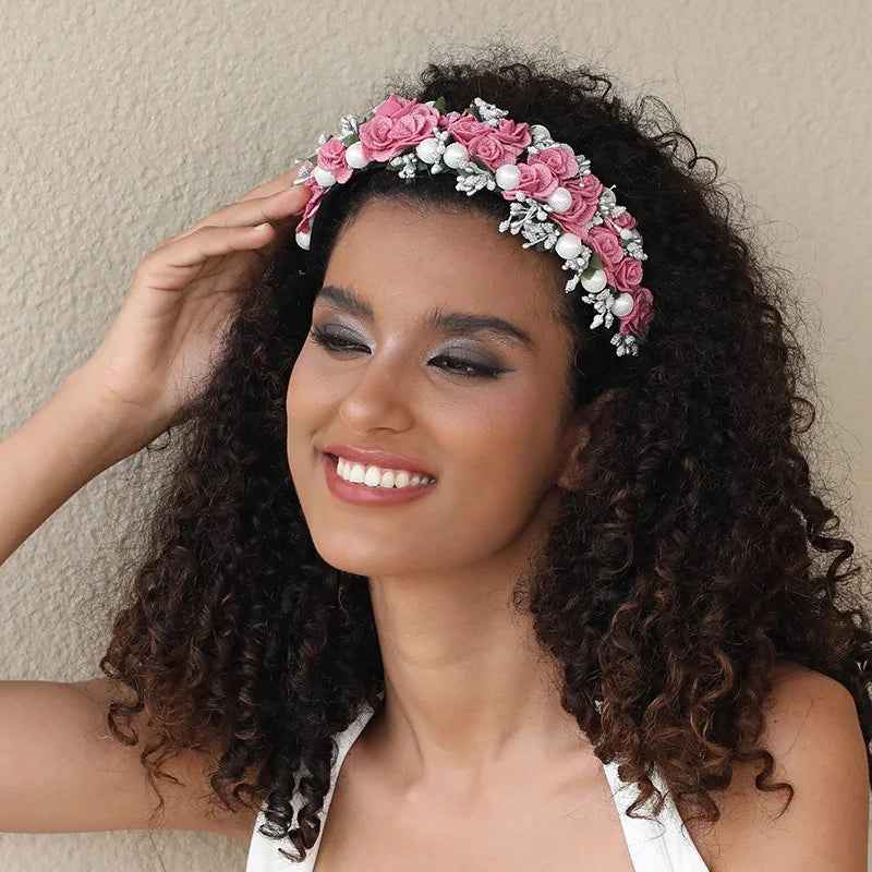Baroque Pearl Rose Headband Luxury Fabric Flower Hair Band Wedding Party Accessory