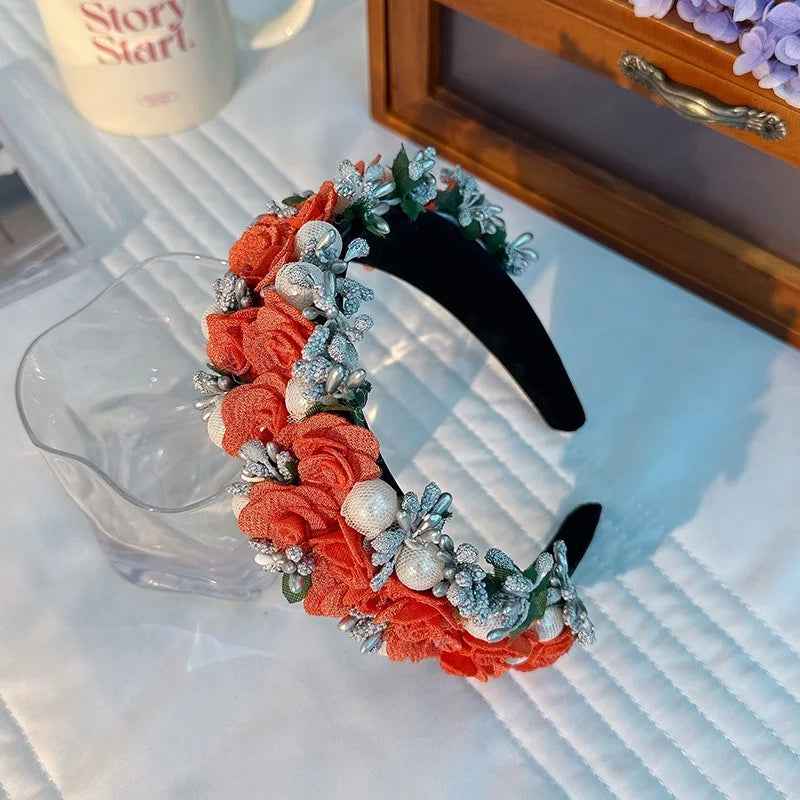 Baroque Pearl Rose Headband Luxury Fabric Flower Hair Band Wedding Party Accessory