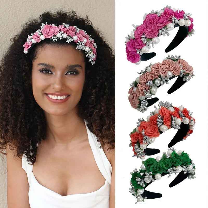Baroque Pearl Rose Headband Luxury Fabric Flower Hair Band Wedding Party Accessory