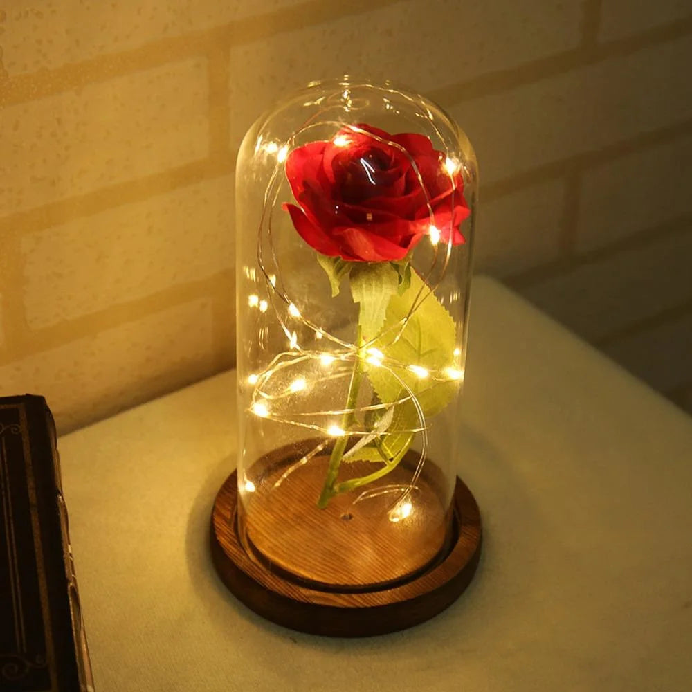 LED Enchanted Rose in Glass Dome Light Up Artificial Flower Gift Valentine Anniversary