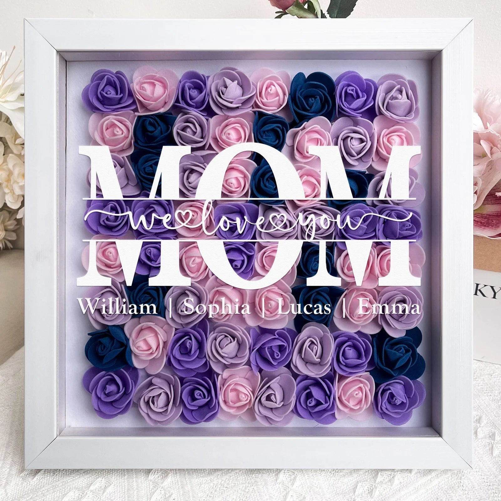 Personalized Flower Shadow Box Gift for Mum Custom Names Rose Frame Mothers Day Present