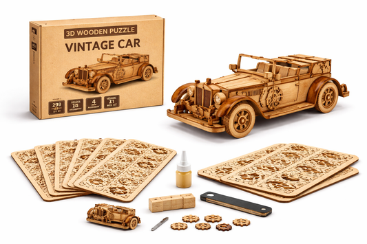 3D Wooden Vintage Car Puzzle – DIY Assembly Model Kit
