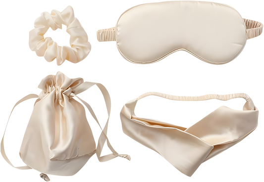 4-Piece Silk Sleep Set – Blackout Mask, Scrunchies & Headband – Beige