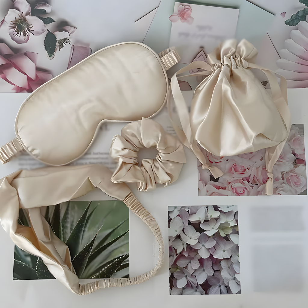 4-Piece Silk Sleep Set – Blackout Mask, Scrunchies & Headband – Beige