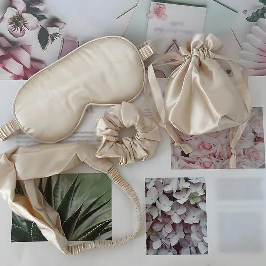 4-Piece Silk Sleep Set – Blackout Mask, Scrunchies & Headband – Beige