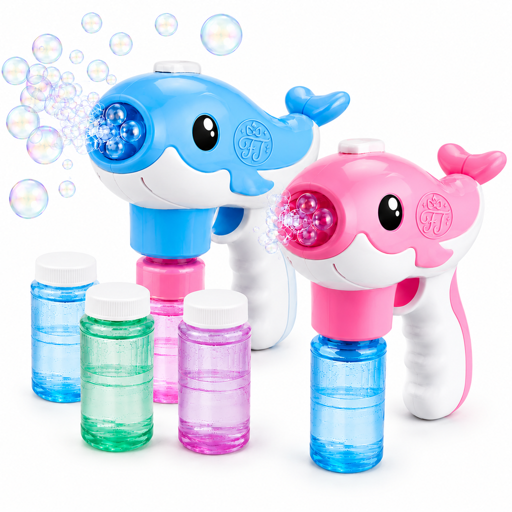 2-Pack Whale Automatic Bubble Gun Set – Bubble Maker Toy with 4 Solutions