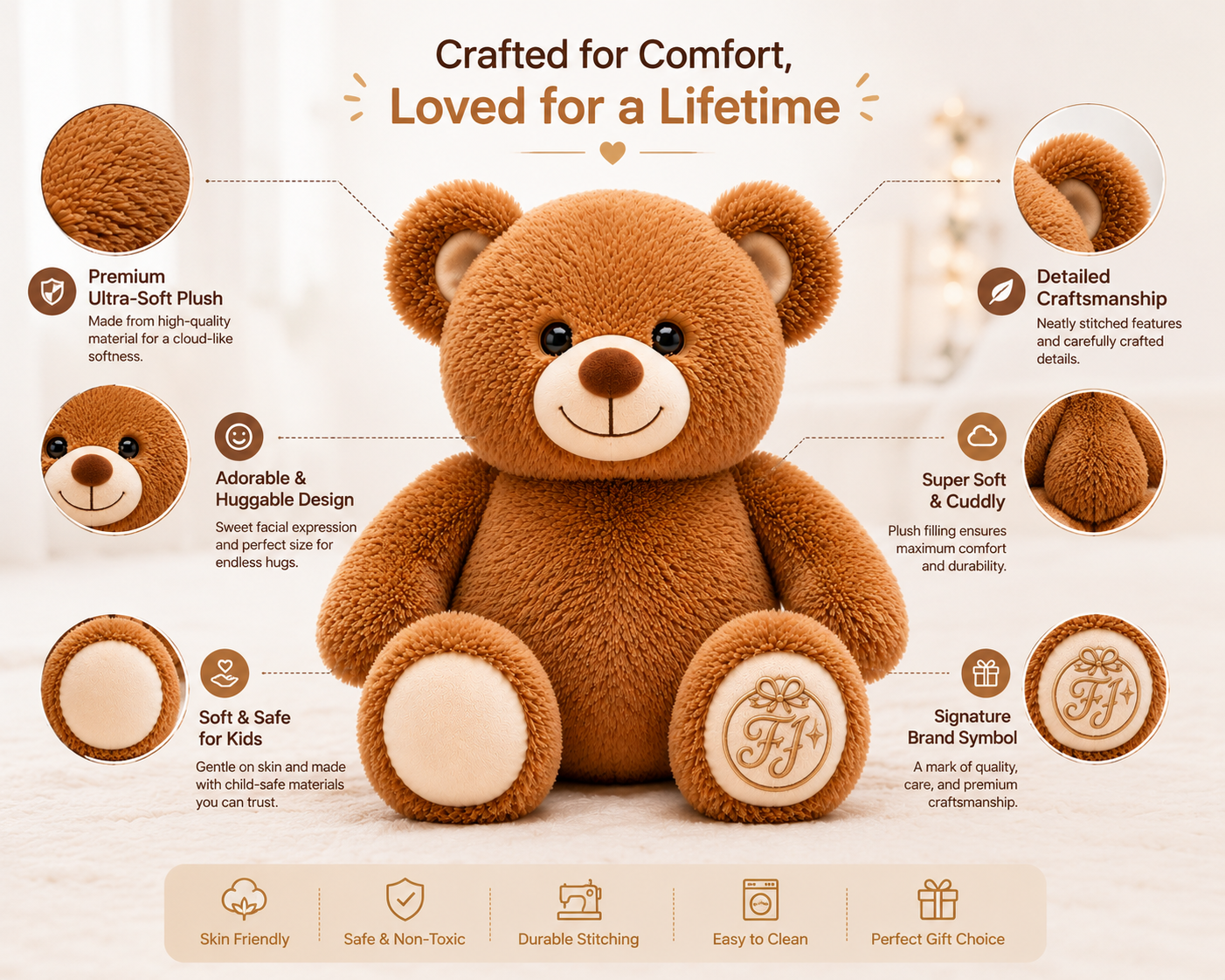 Super Soft Almond Brown Teddy Bear - 18 Inch Plush Stuffed Animal