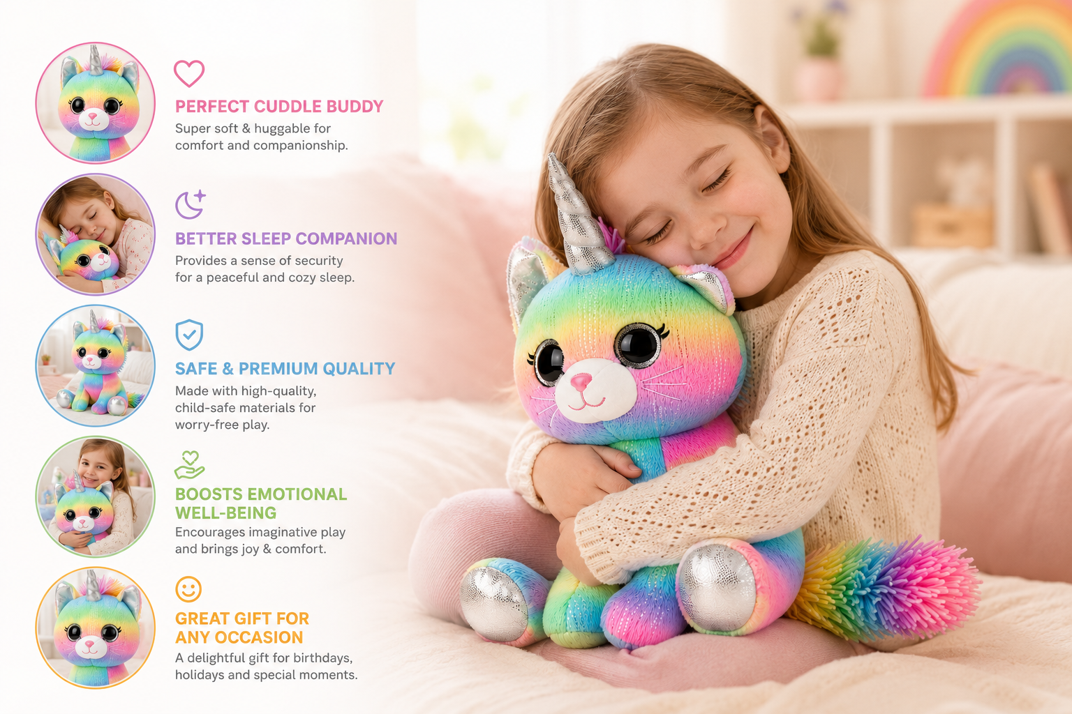 Shimmer Caticorn Plush Toy – 9" Rainbow Unicorn Cat Stuffed Animal