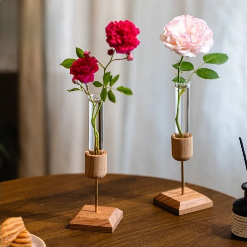 Wooden Test Tube Flower Vase – Rustic Desktop Planter