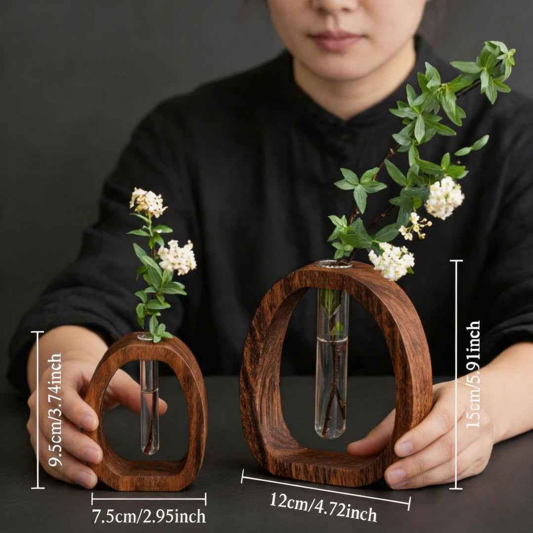Walnut Wood Glass Hydroponic Vase Set for Home Decor