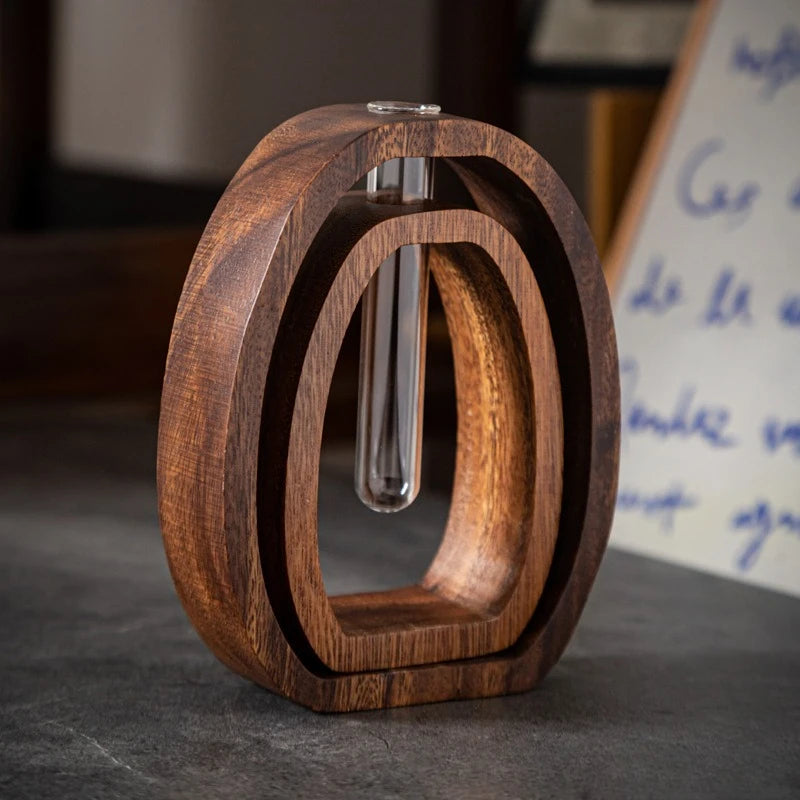 Walnut Wood Glass Hydroponic Vase Set for Home Decor