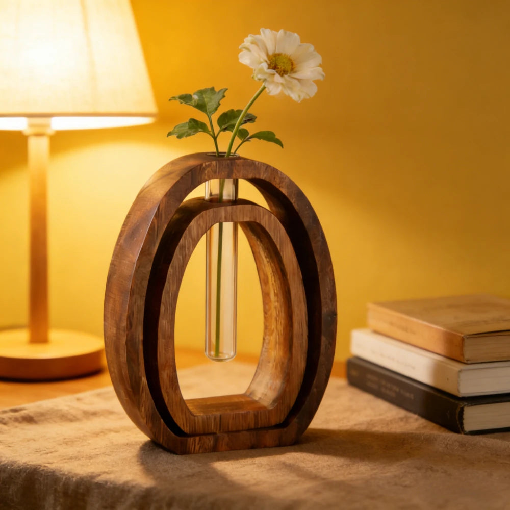 Walnut Wood Glass Hydroponic Vase Set for Home Decor
