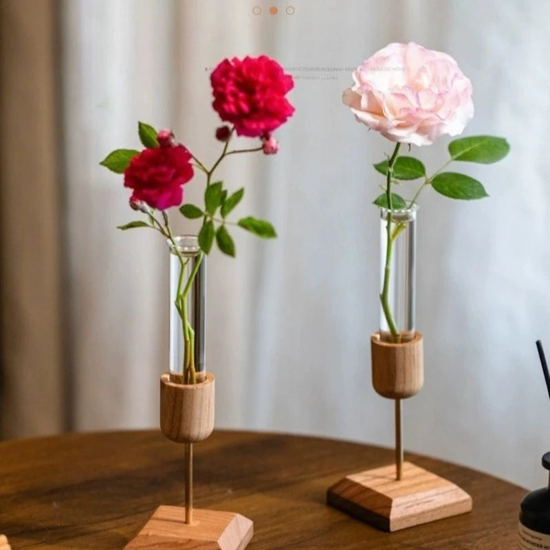 Wooden Test Tube Flower Vase – Rustic Desktop Planter