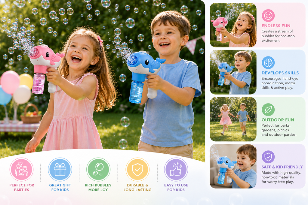 2-Pack Whale Automatic Bubble Gun Set – Bubble Maker Toy with 4 Solutions