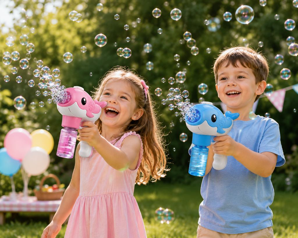 2-Pack Whale Automatic Bubble Gun Set – Bubble Maker Toy with 4 Solutions