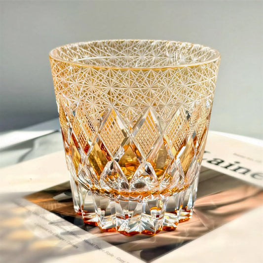 Edo Kiriko Handcrafted Yellow Fluorite Crystal Whisky Glass