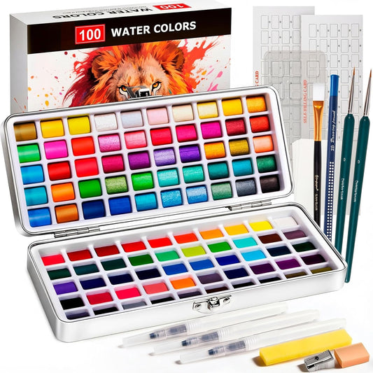 100-Color Watercolor Paint Set – Travel Kit with Brushes, Papers & Metallic Colors