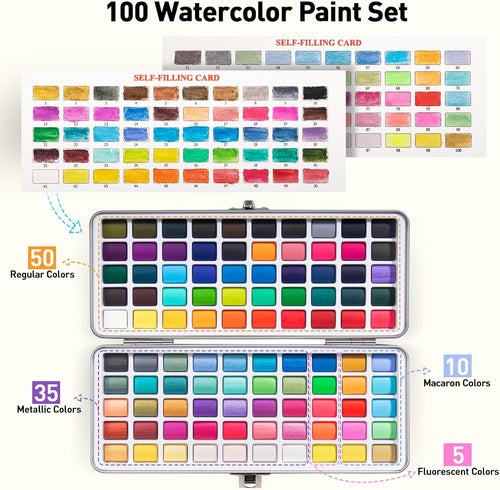 100-Color Watercolor Paint Set – Travel Kit with Brushes, Papers & Metallic Colors