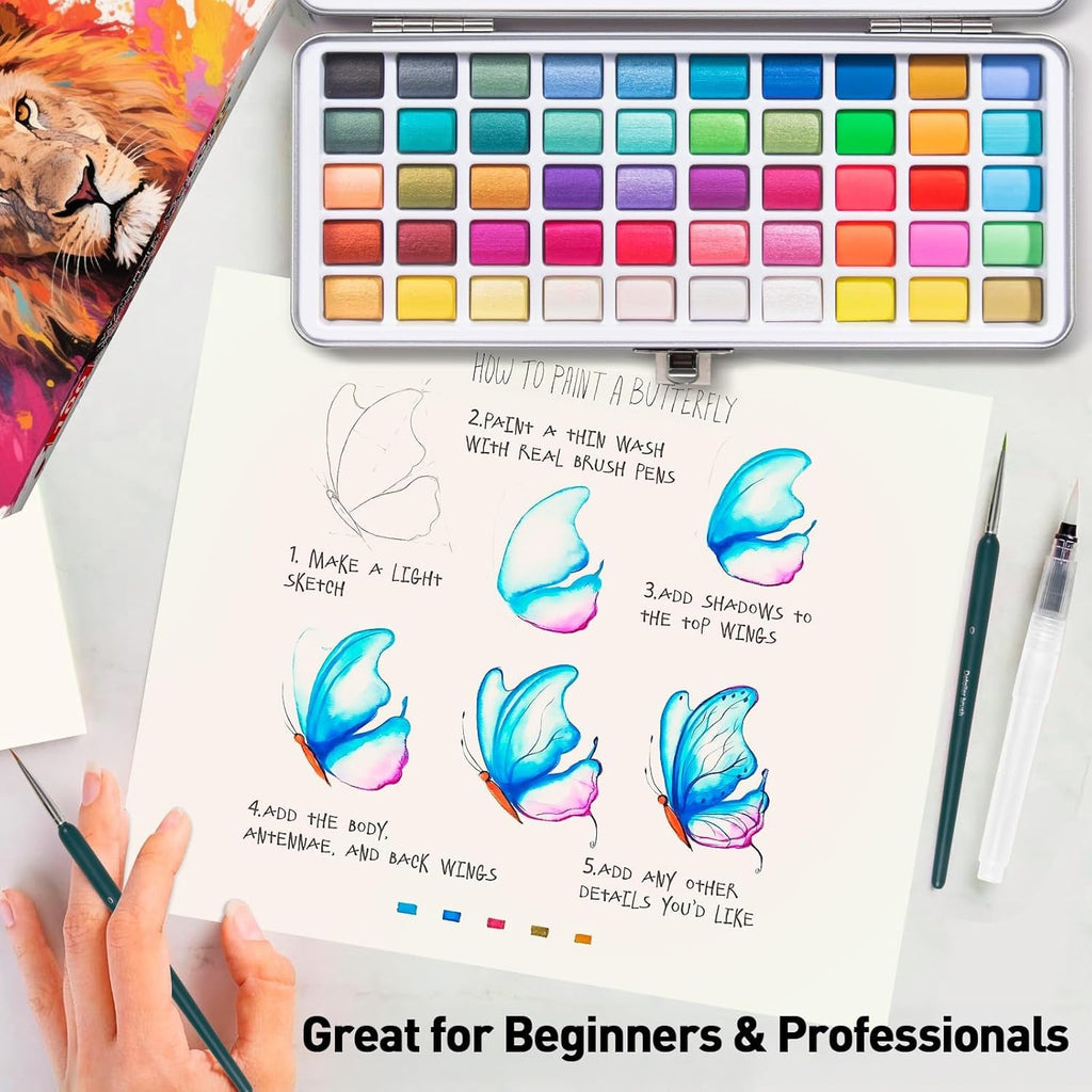 100-Color Watercolor Paint Set – Travel Kit with Brushes, Papers & Metallic Colors