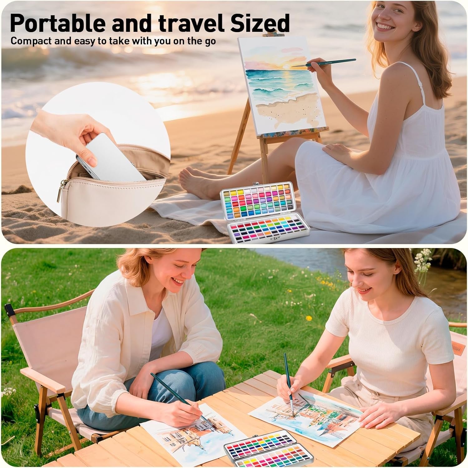 100-Color Watercolor Paint Set – Travel Kit with Brushes, Papers & Metallic Colors